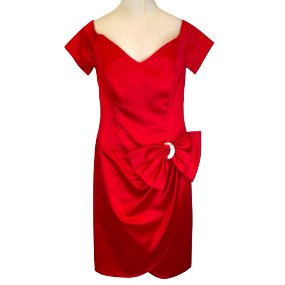 Red Satin Event Wrap Style Dress Vintage Alex Evenings
